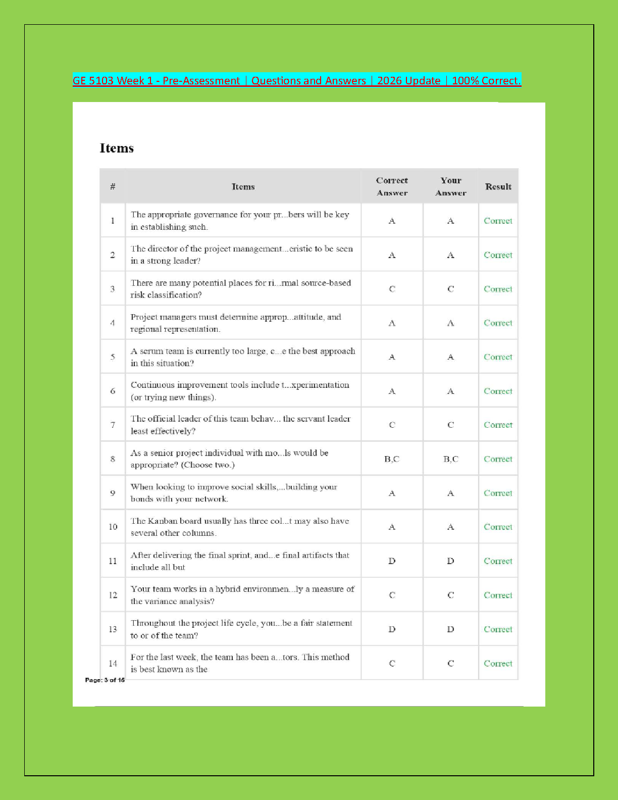 GE 5103 Week 1 Pre-Assessment Test Bank and Verified Solutions Guide for Project Management Concepts