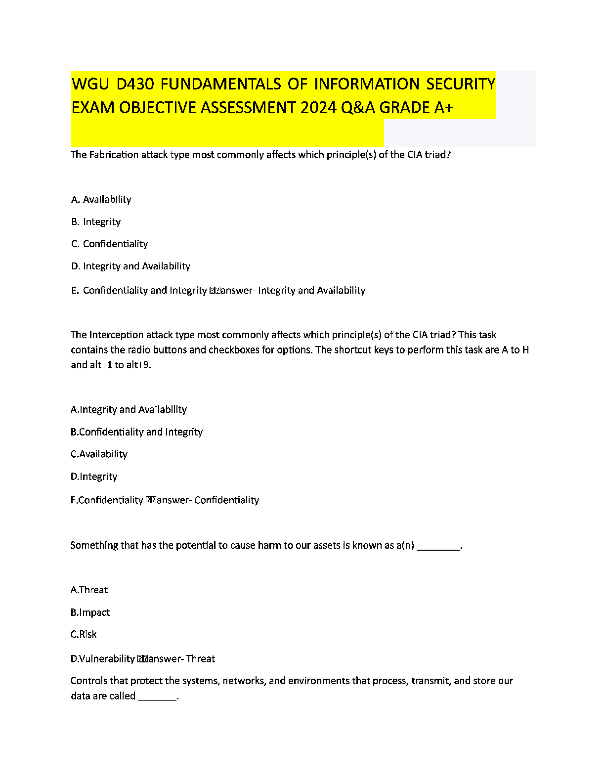 WGU D430 Fundamentals of Information Security Objective Assessment Test Bank with Verified Answers for Grade A+ Success in 2024