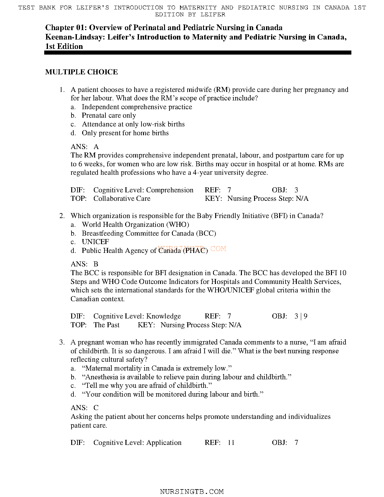 Test Bank for Leifer's Introduction to Maternity and Pediatric Nursing in Canada, 1st Edition by Gloria Leifer & Lisa Keenan-Lindsay