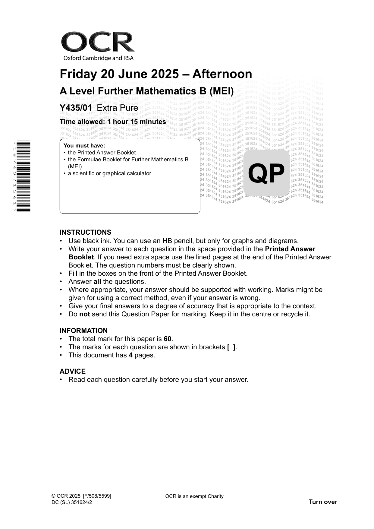 OCR A Level Further Maths Paper 1 Extra Pure 2025