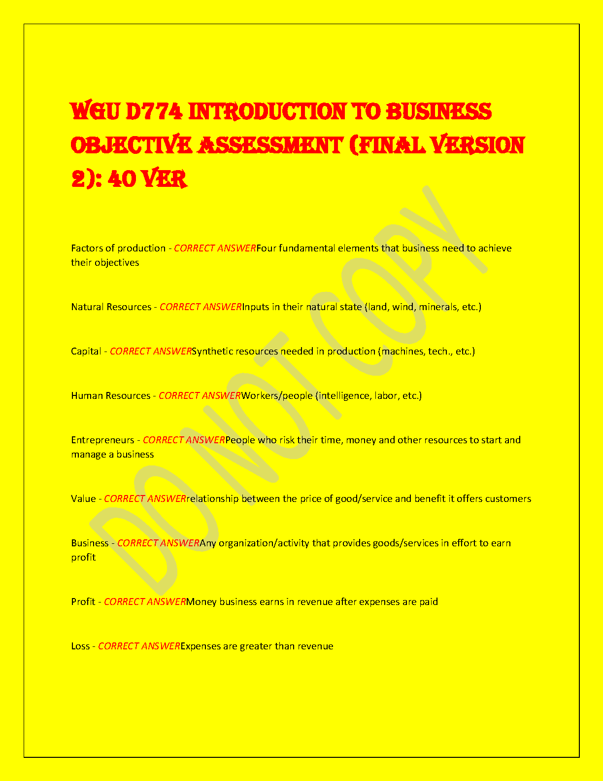 WGU D774 Introduction to Business Objective Assessment Test Bank Final Version 2 with Verified Correct Answers for Exam Success