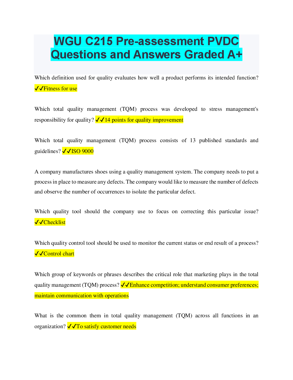 WGU C215 Pre-Assessment PVDQ Questions and Answers for the 2024/2025 Academic Year Graded A+