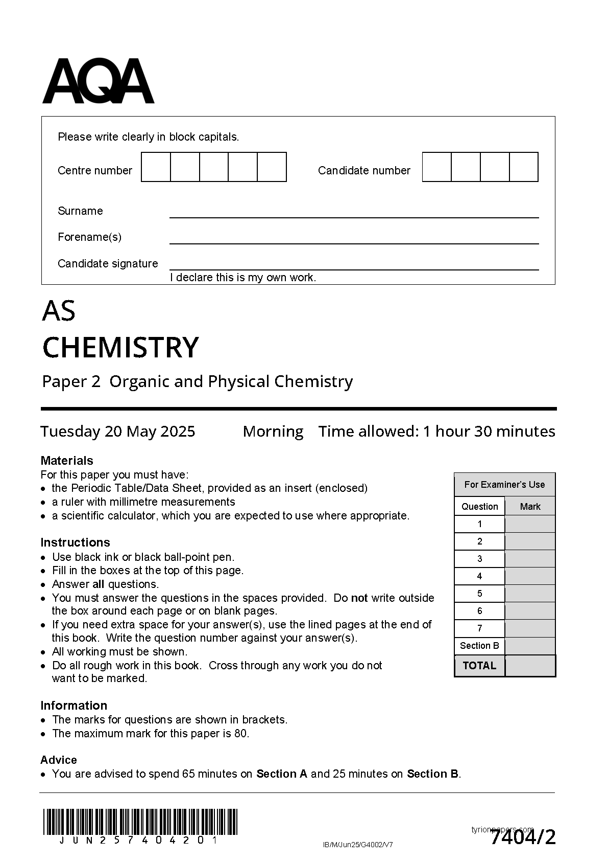 AQA AS Chemistry Paper 2 2025 Question Paper PDF