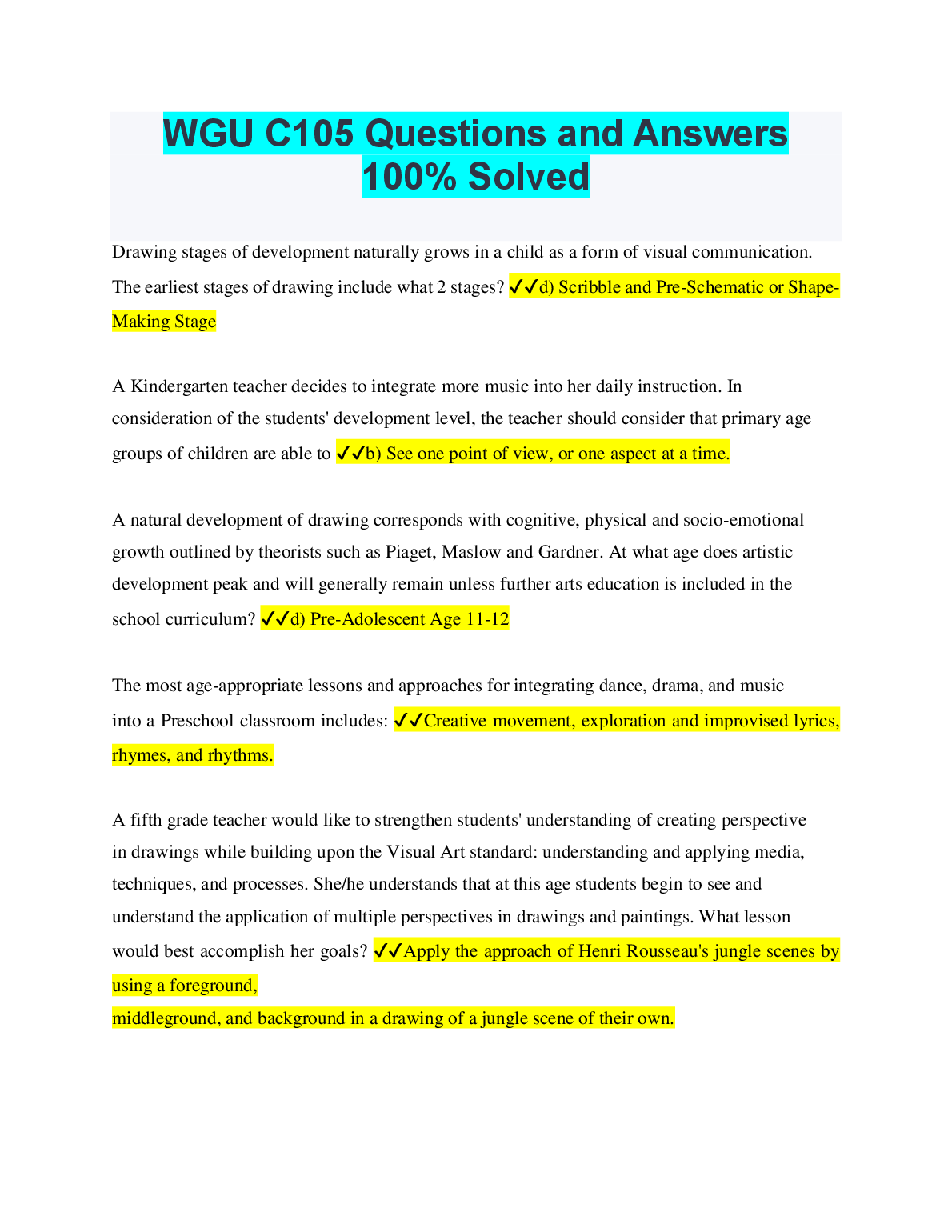 WGU C105 Questions and Answers 2023/2024: Complete Exam Preparation Resource for Early Childhood Education Students