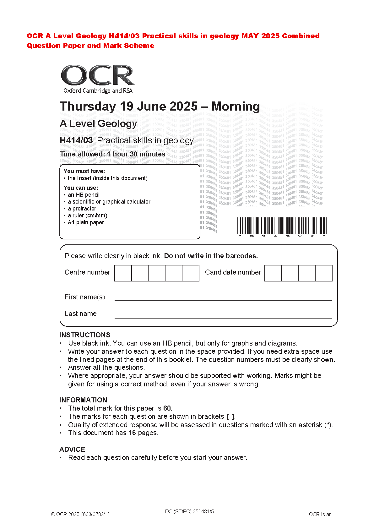 OCR A Level Geology H414/03 Practical Skills Question Paper and Mark Scheme May 2025 Exam Release for the 2026/2027 Academic Year Study Guide