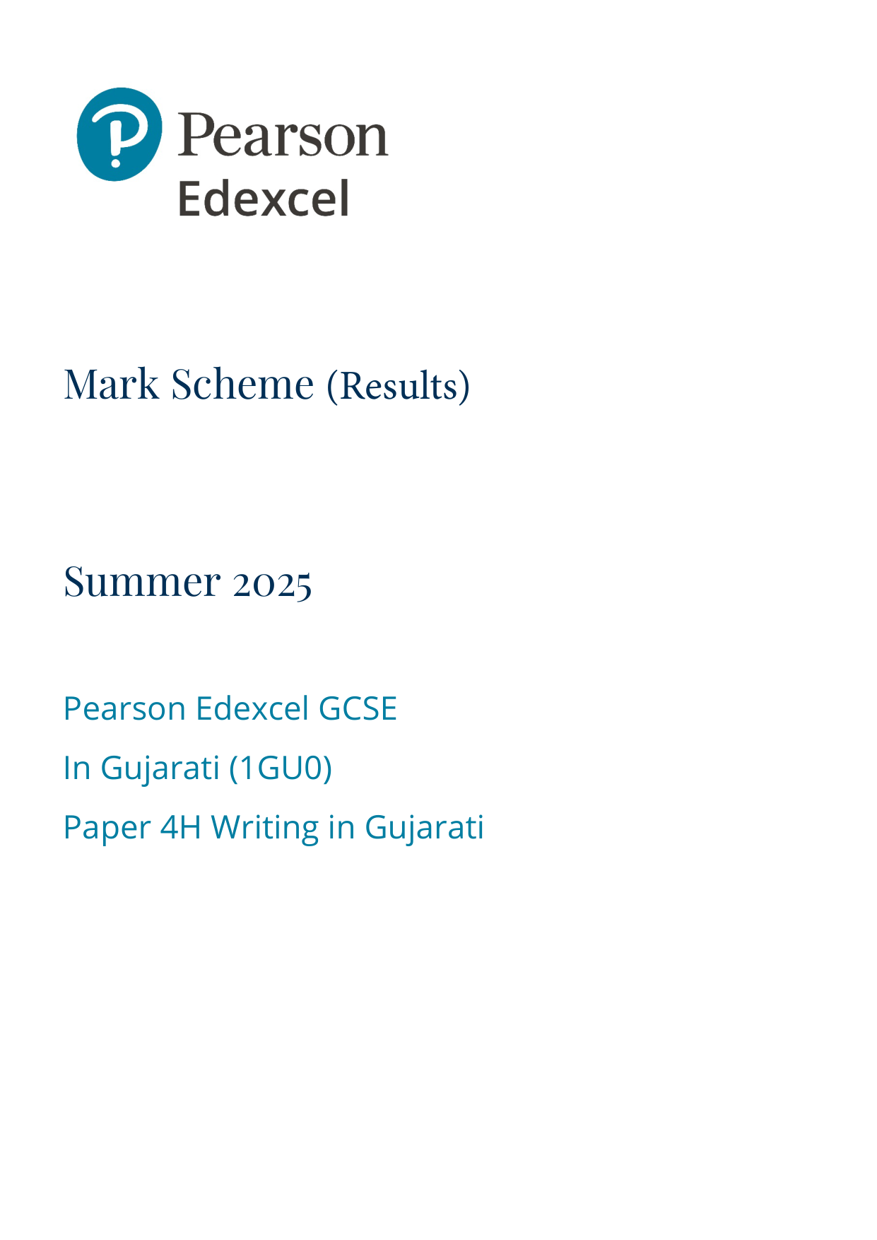 Pearson Edexcel GCSE Gujarati 2025 Paper 4h Mark Scheme PDF
