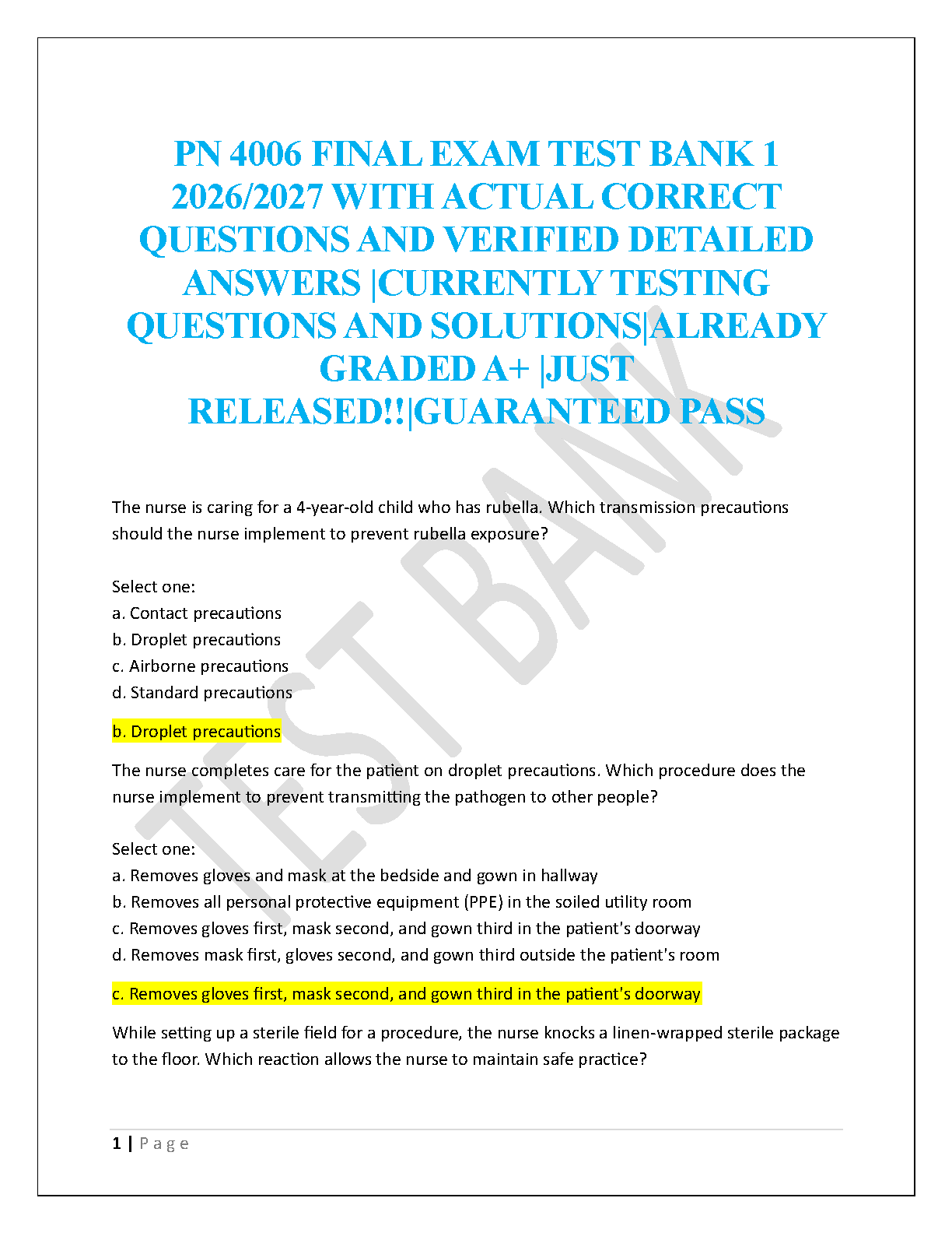 PN 4006 Final Exam Test Bank 1 with Actual Questions and Expert ...
