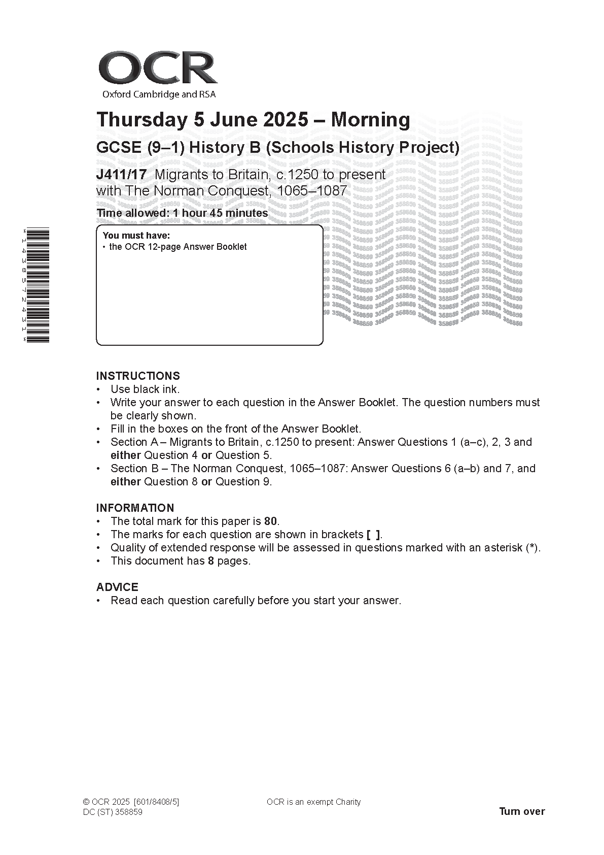 2025 OCR GCSE History B Schools History Project Paper 17 (J411/17: Migrants to Britain, c.1250 to present with The Norman Conquest, 1065-1087)