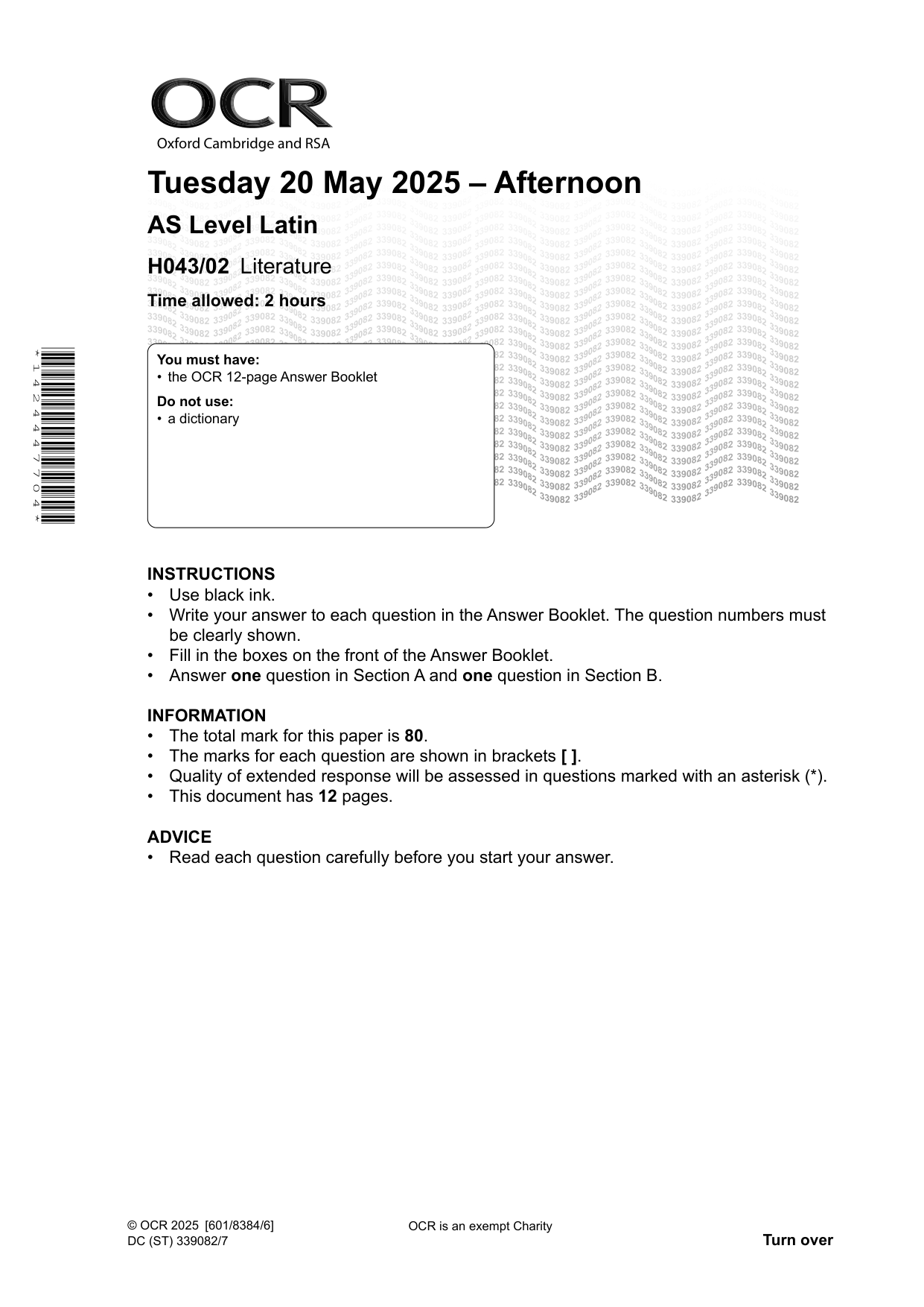 OCR AS Level Paper 2 Latin 2025 Question Paper