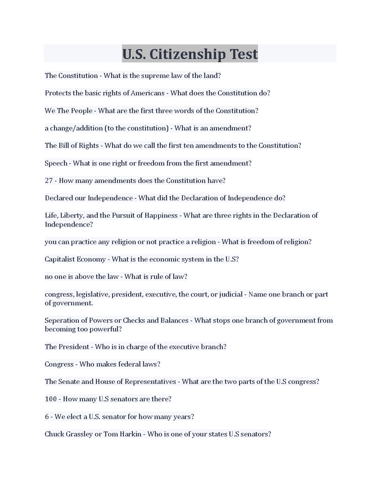 U.S. Citizenship Test Bank 2025/2026 Official Civics Q&A Study Guide to Pass on First Try