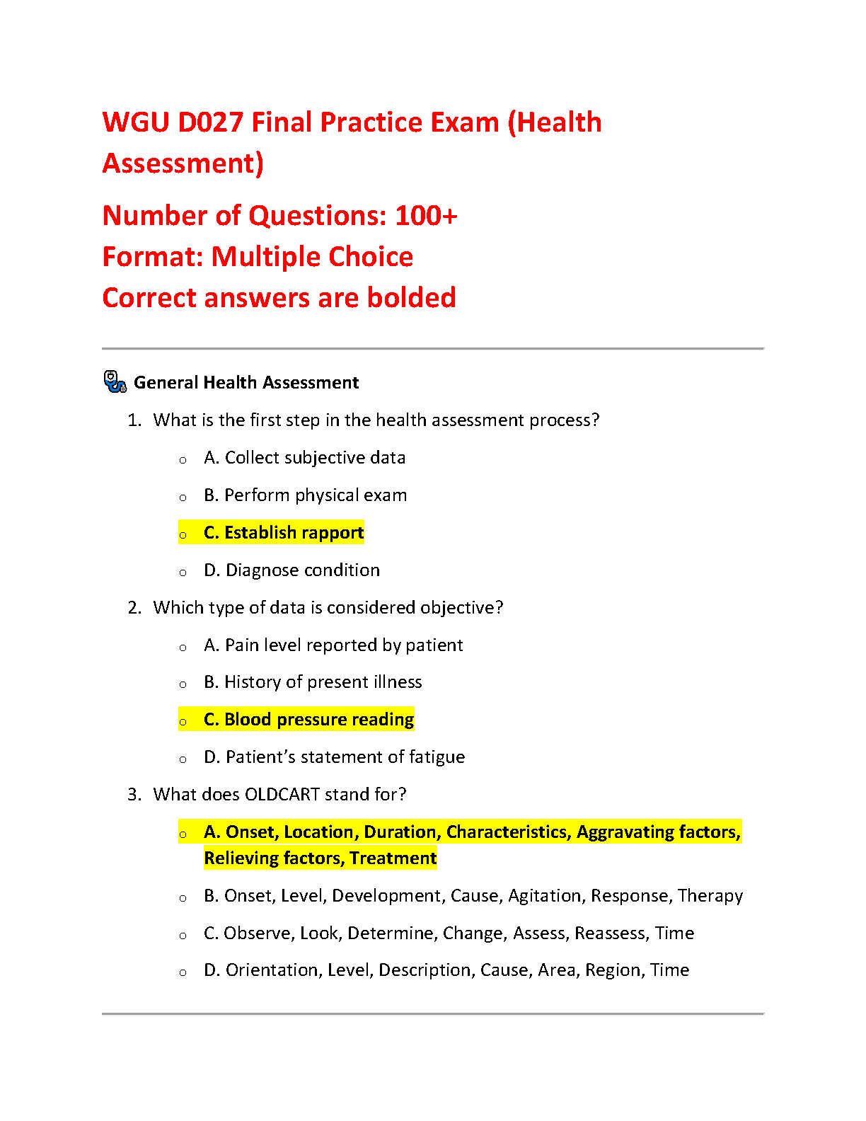 WGU D027 Health Assessment Final Exam Test Bank Based on Wilson Giddens 7th Edition 2025/26 Study Guide