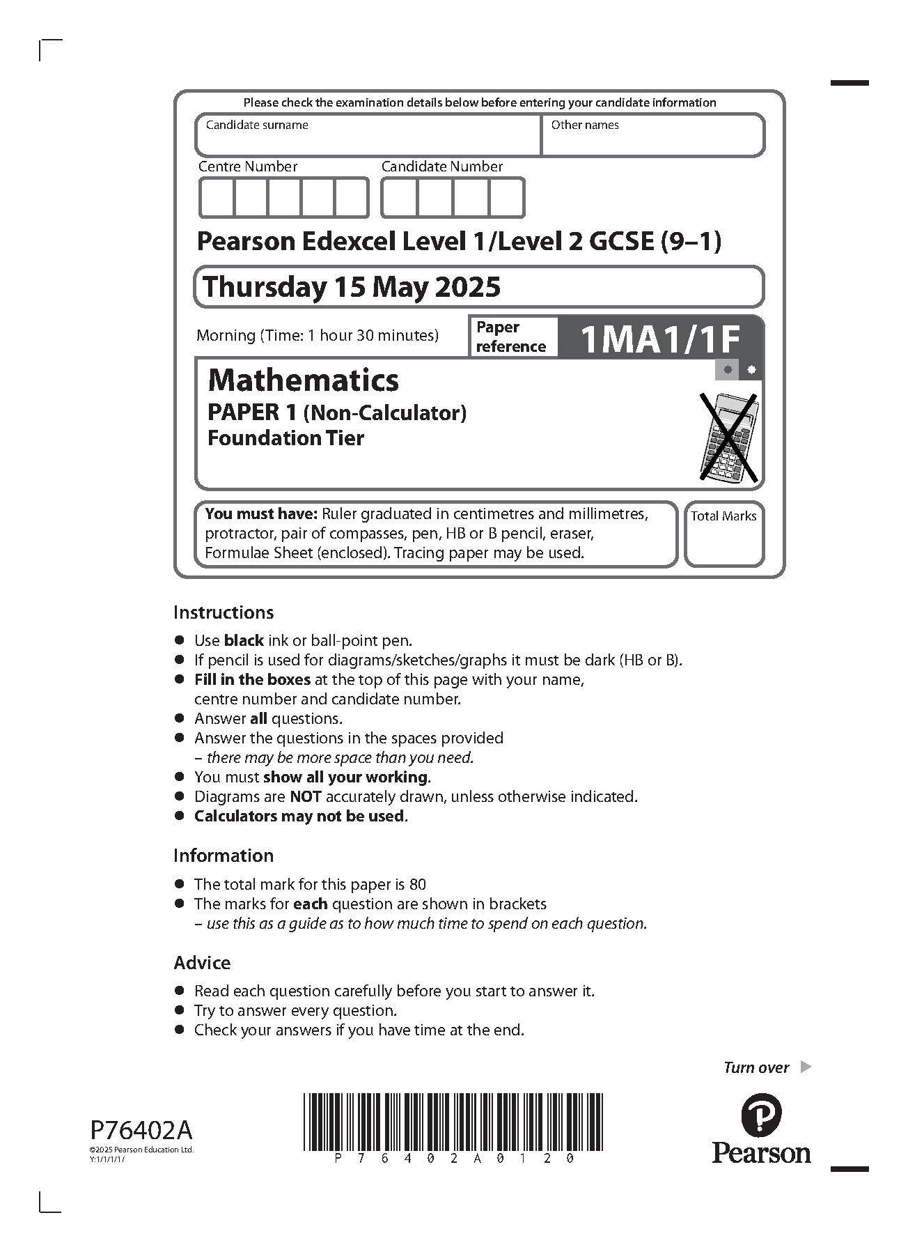 MERGED 2025 Pearson Edexcel GCSE Mathematics Paper 1F Question Paper and Mark Scheme (1MA1/1F: Non-Calculator Foundation tier)