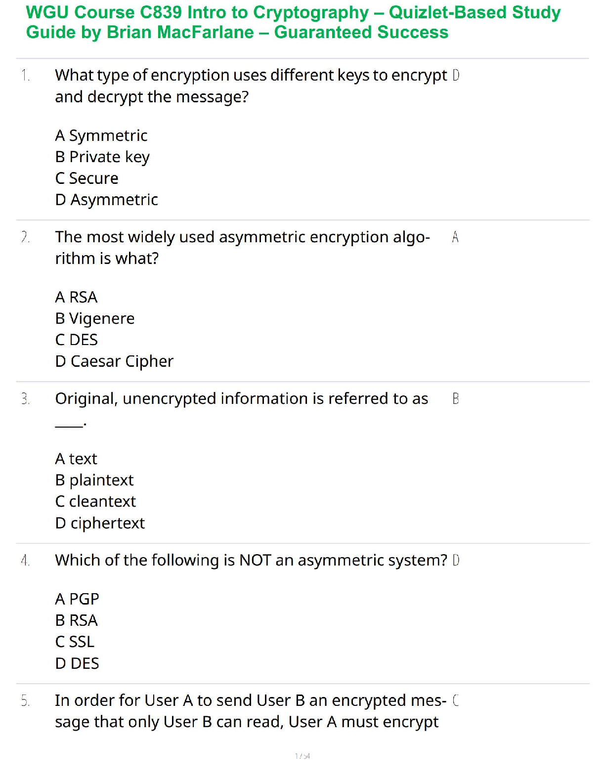 WGU C839 Intro to Cryptography Test Bank | Latest 2024-2025 Edition | Questions & Answers by Brian MacFarlane