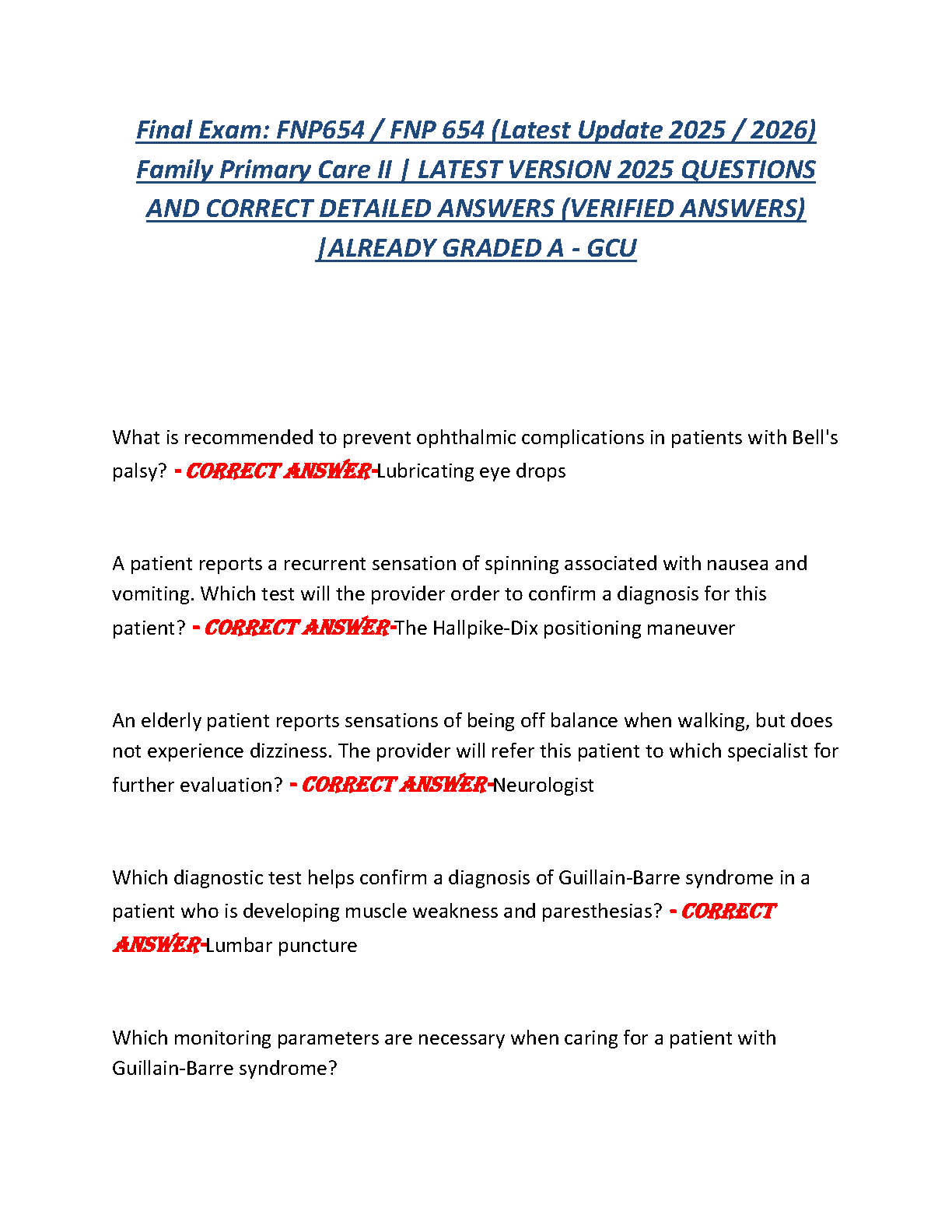 FNP 654 Family Primary Care II Final Exam Test Bank GCU 2025/2026 Verified Questions and Answers Guide for Nursing Students