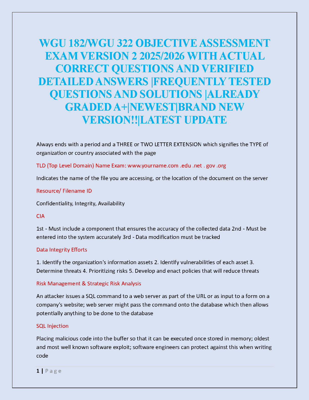 WGU 182/WGU 322 Objective Assessment Exam Version 2 (2025/2026) Verified Correct Questions and Answers Guide