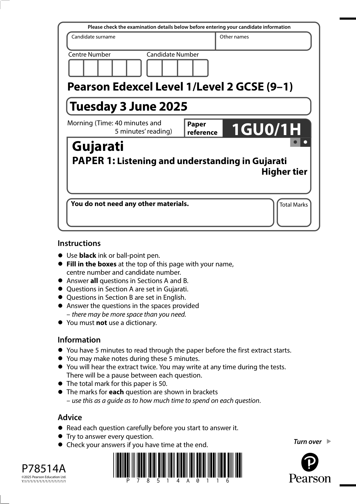 Pearson Edexcel GCSE Gujarati Paper 1H 2025 Question Paper