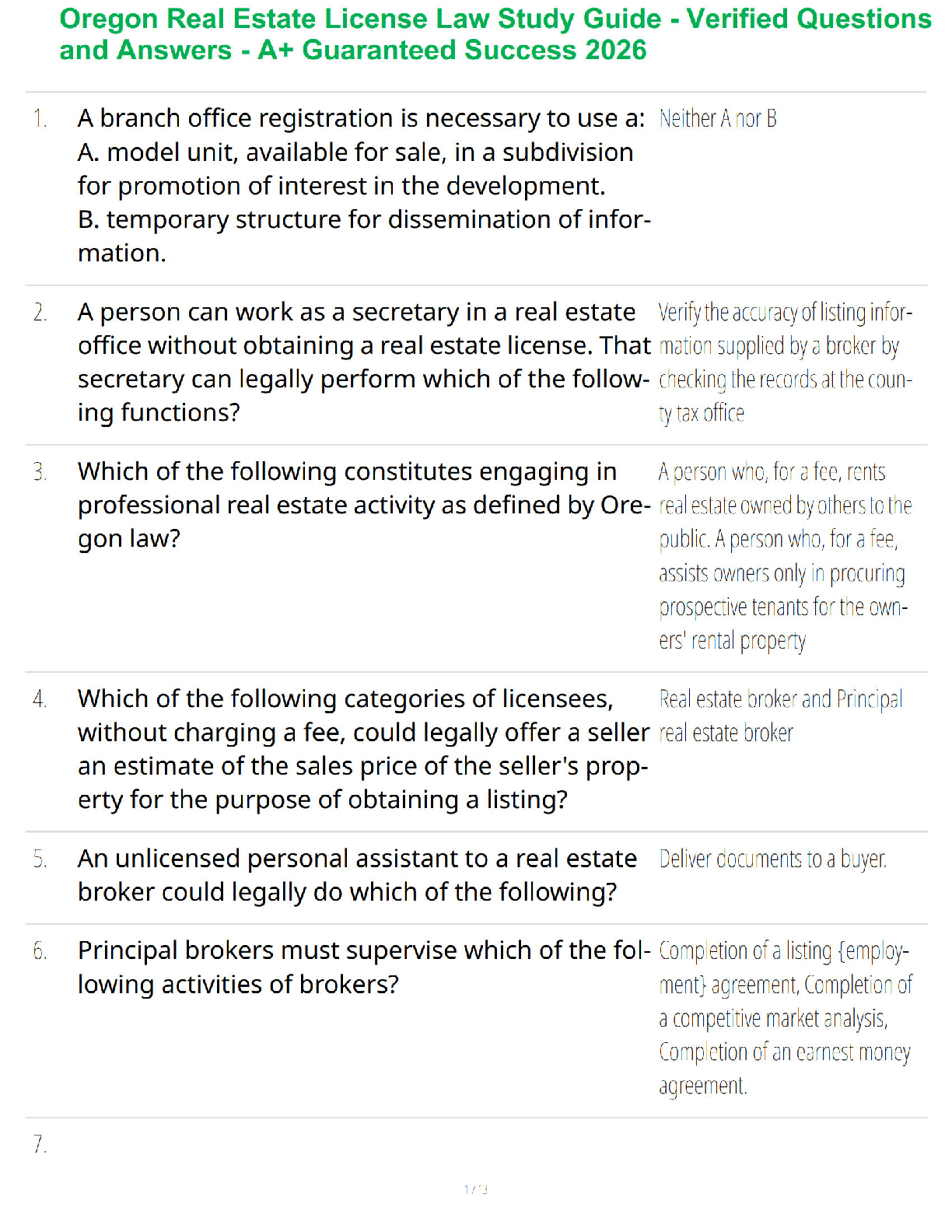 Oregon Real Estate Exam Practice Questions and Answers for Licensing Preparation in the 2026/2027 Academic Year