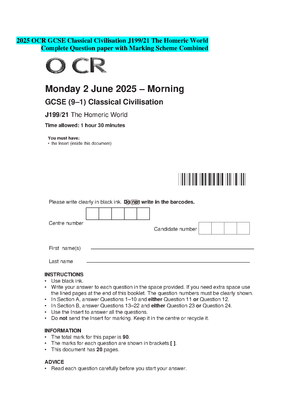Master OCR GCSE Classical Civilisation J199/21: The Homeric World with the Latest 2025 Exam Paper & Mark Scheme | Your 2025/2026 Guide to Ace the Exam