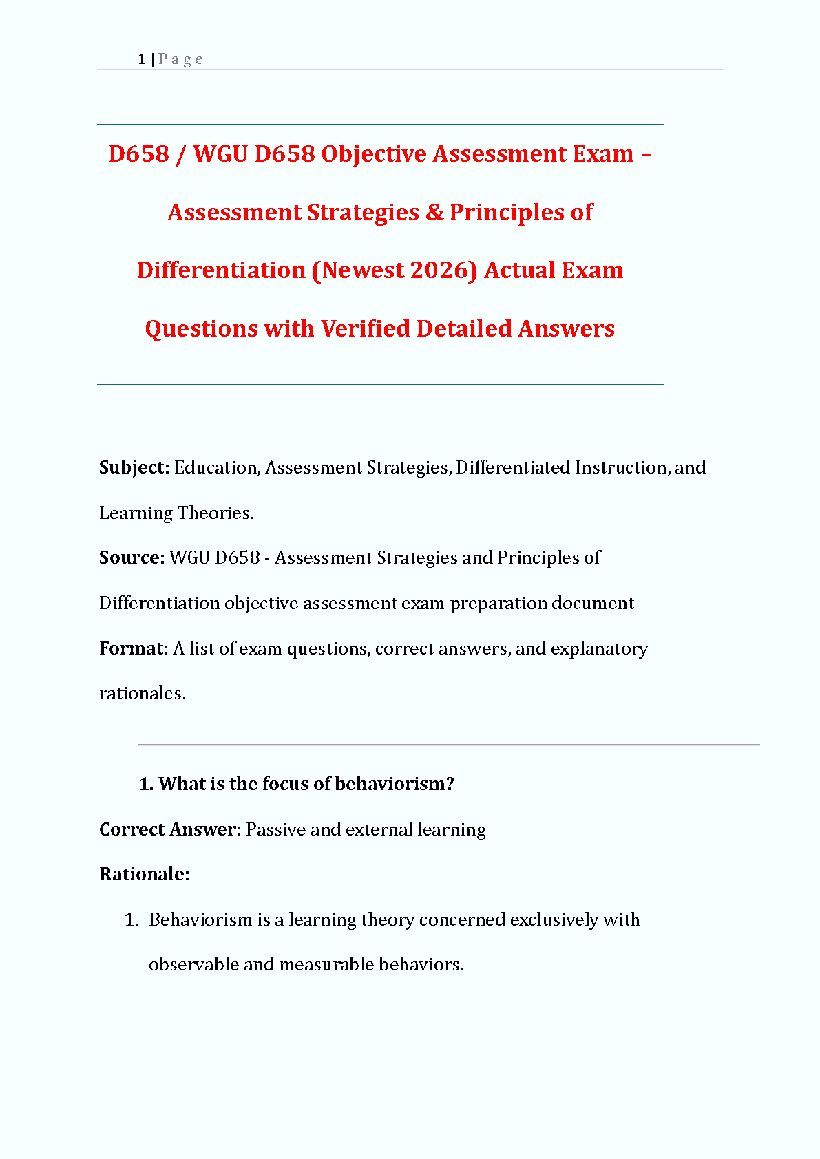 WGU D658 Test Bank: Assessment Strategies & Principles of Differentiation (Newest 2026)
