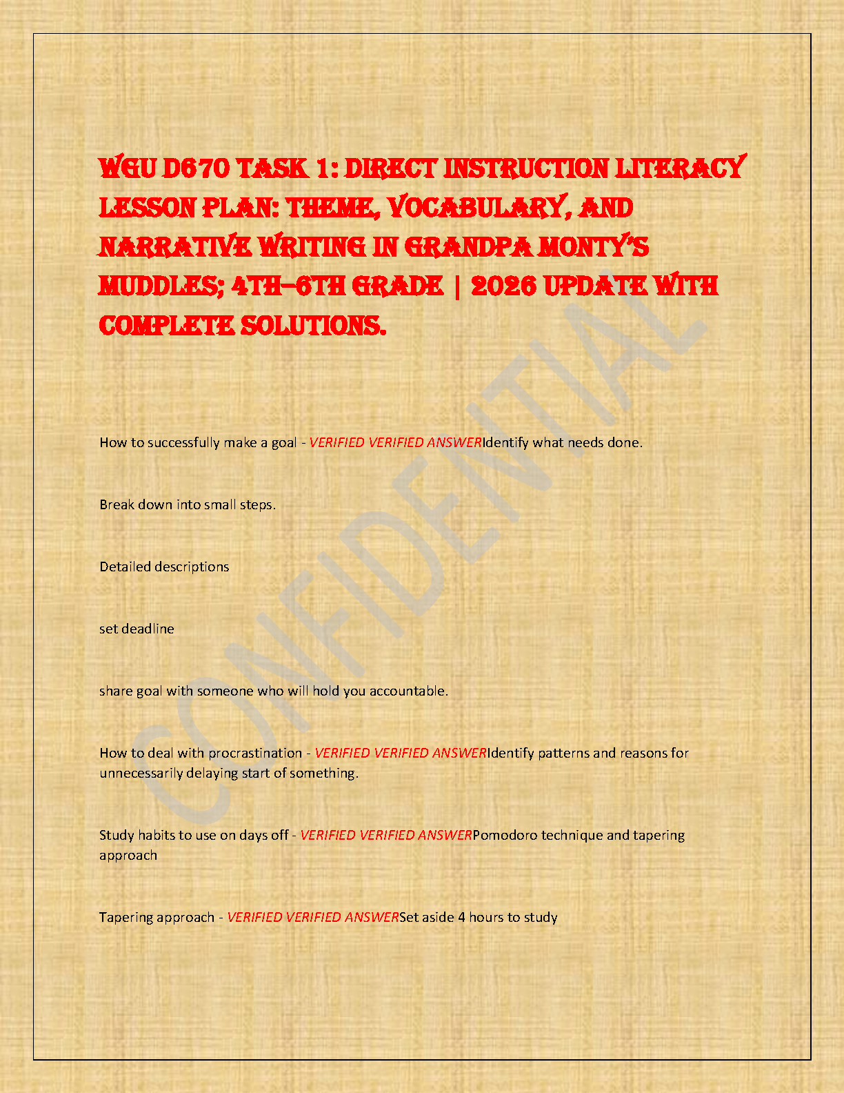 WGU D670 Task 1 Verified Solution Guide: Direct Instruction Literacy Lesson Plan for Grandpa Monty's Muddles