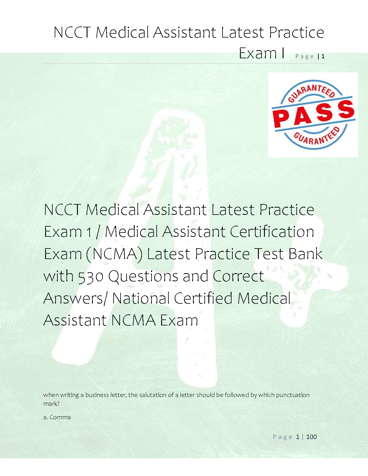 NCCT NCMA Medical Assistant Certification Practice Test Bank with 530 Questions and Answers for 2026/2027 Academic Year Study Guide