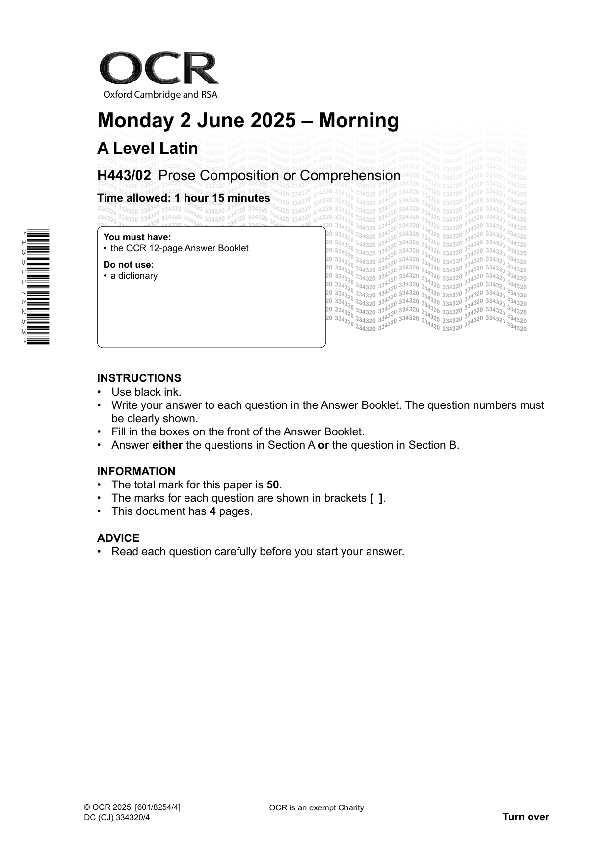 OCR A Level Latin Paper 2 2025 Question Paper