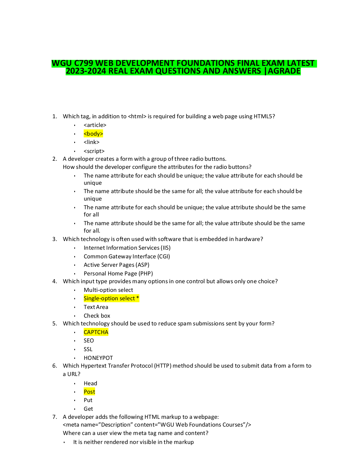 WGU C799 Web Development Foundations Final Exam Real Questions and Answers 2023-24 Guide