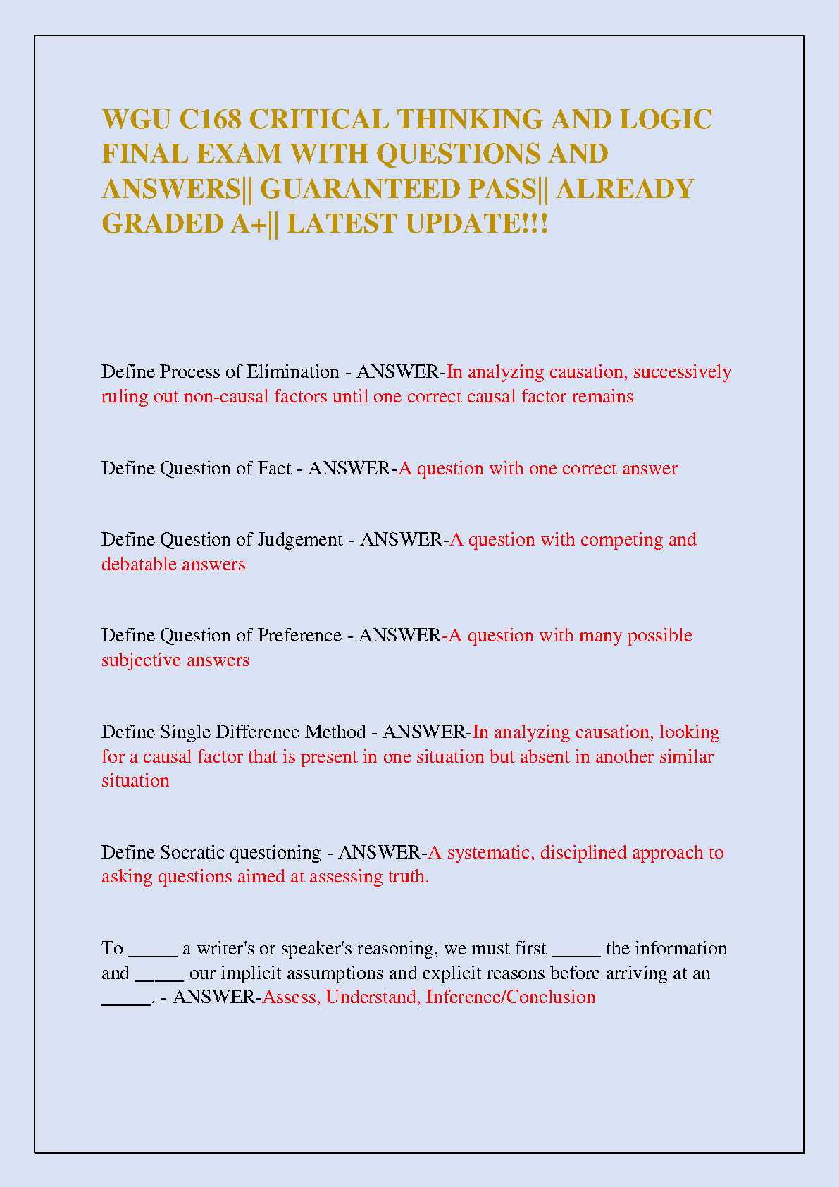 WGU C168 Critical Thinking and Logic Final Exam Questions Answers Study Guide 2024/25 Edition