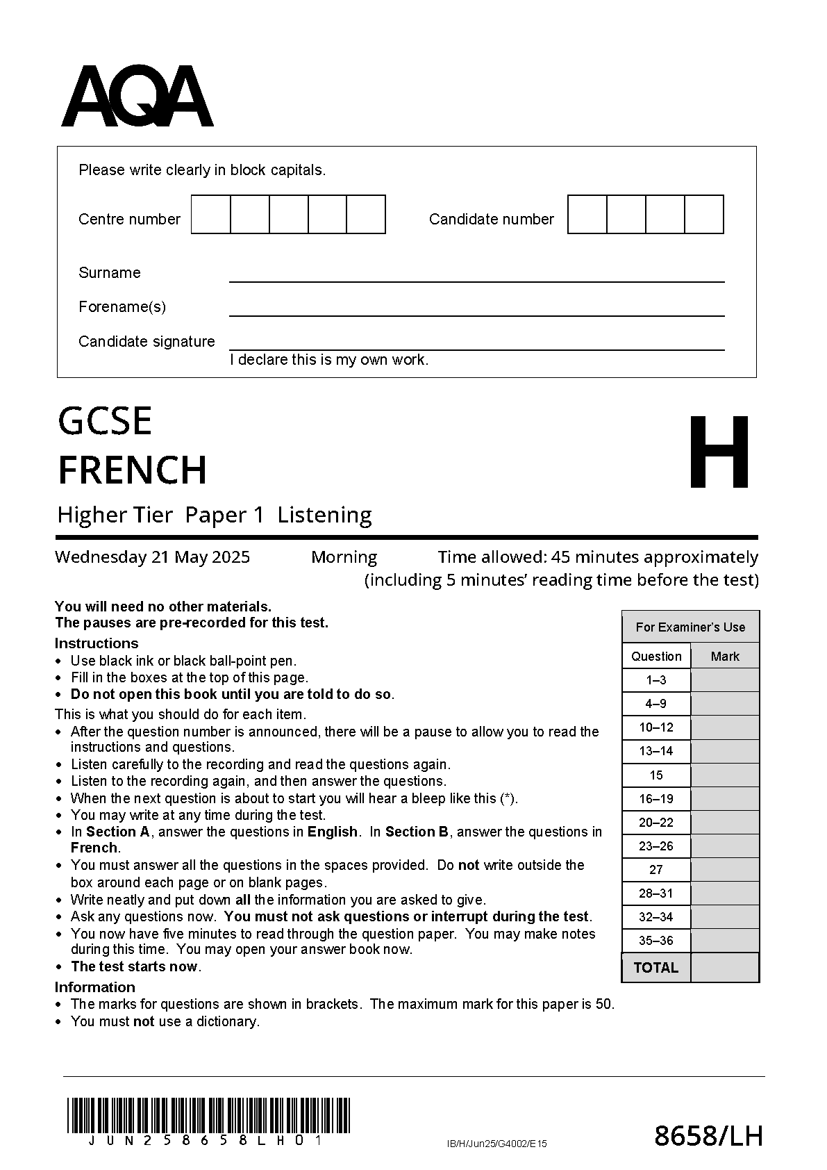 Combined 2025 AQA GCSE FRENCH Paper 1 and Mark Scheme (8658/LH: Listening Higher Tier)