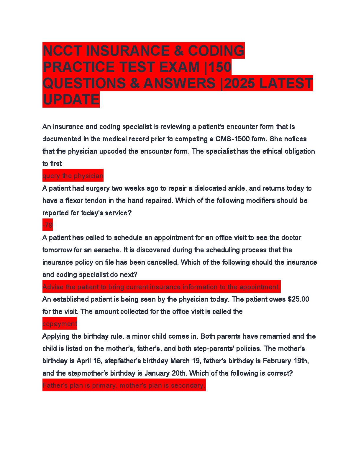 NCCT Insurance and Coding Specialist (NCICS) Test Bank: 150 Practice Exam Questions and Expert-Verified Answers | 2025 Edition
