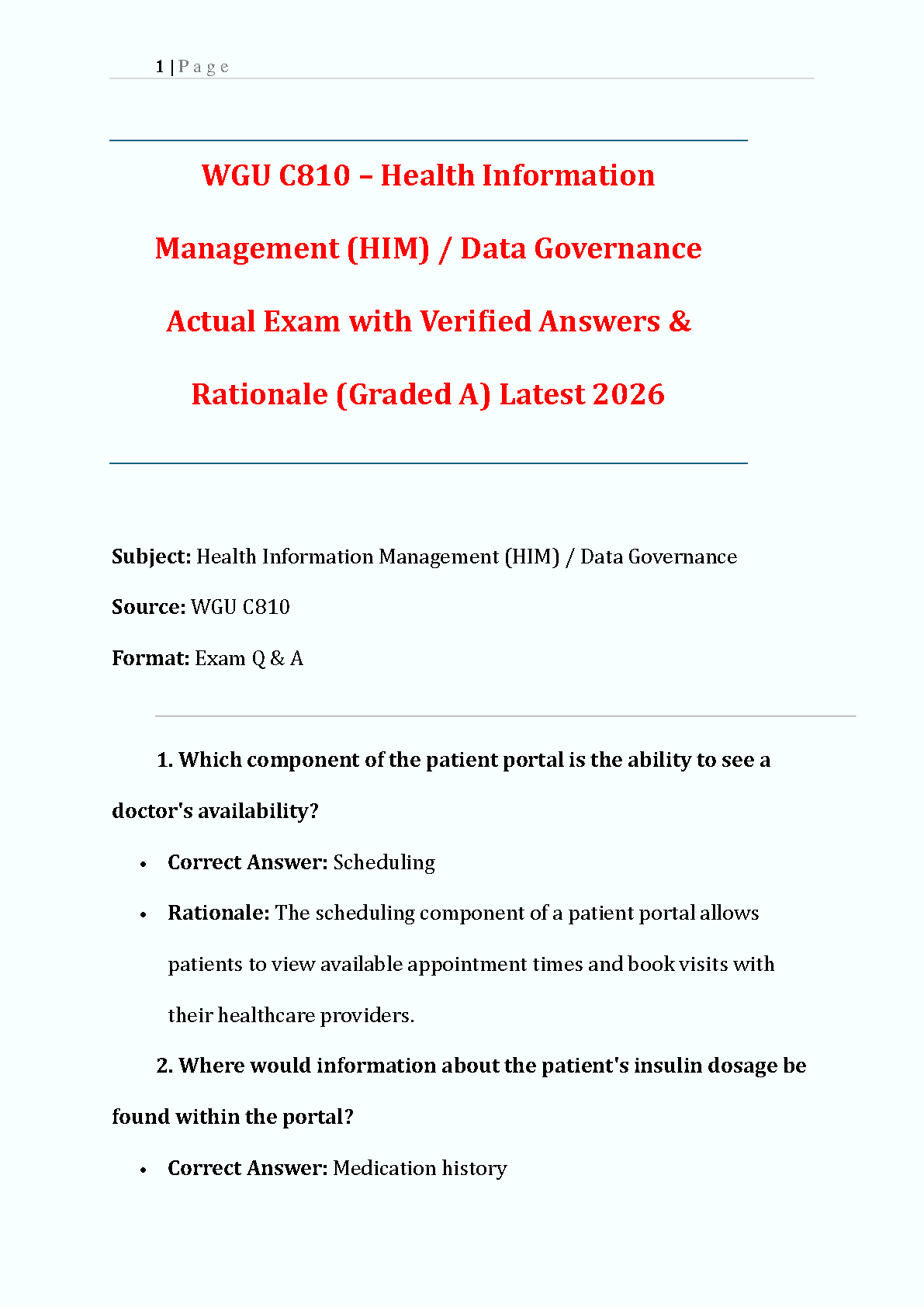 WGU C810 Health Information Management and Data Governance Test Bank with Rationale for 2026 Exam Preparation