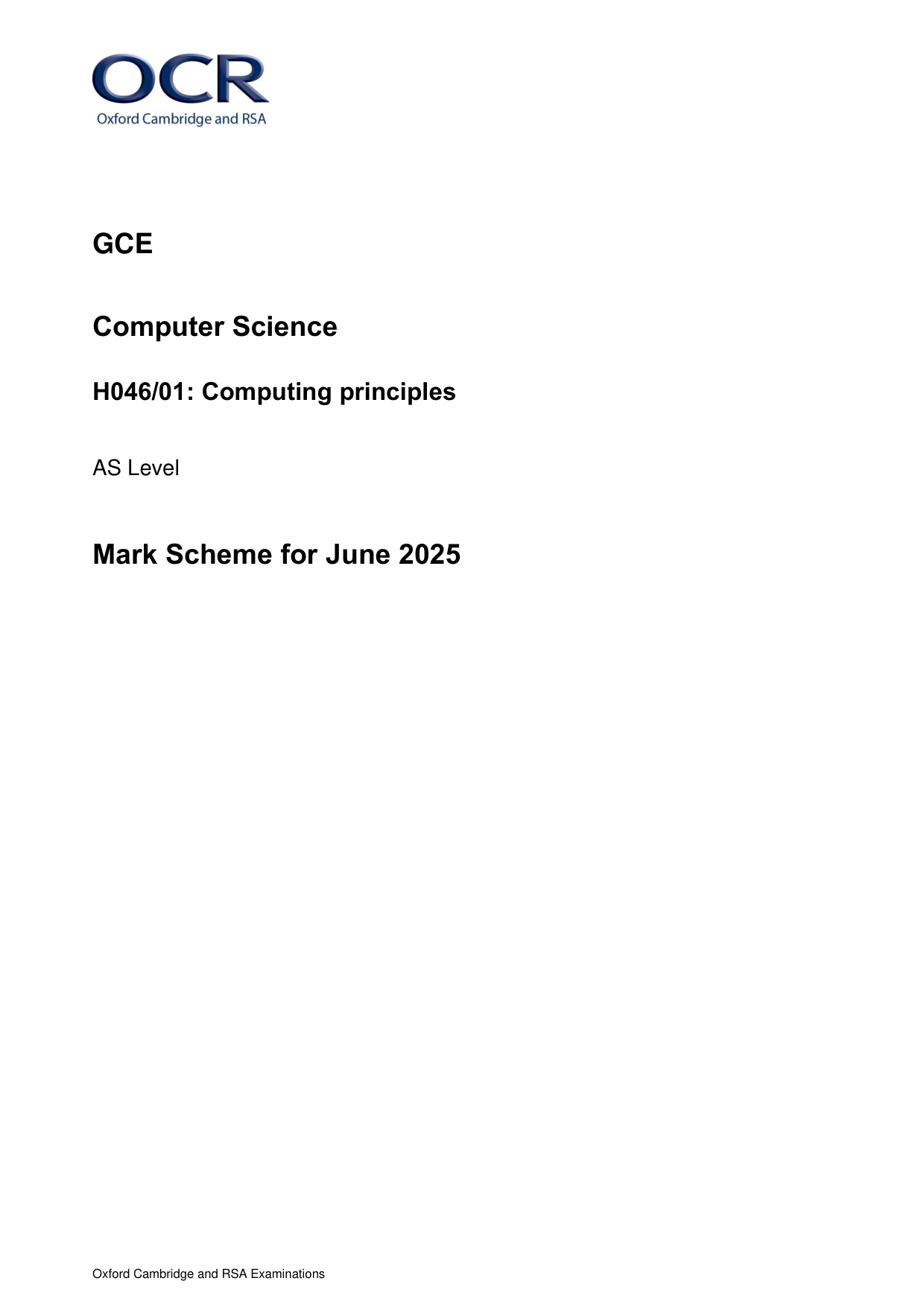 OCR AS Level Computer Science Paper 1 Mark Scheme
