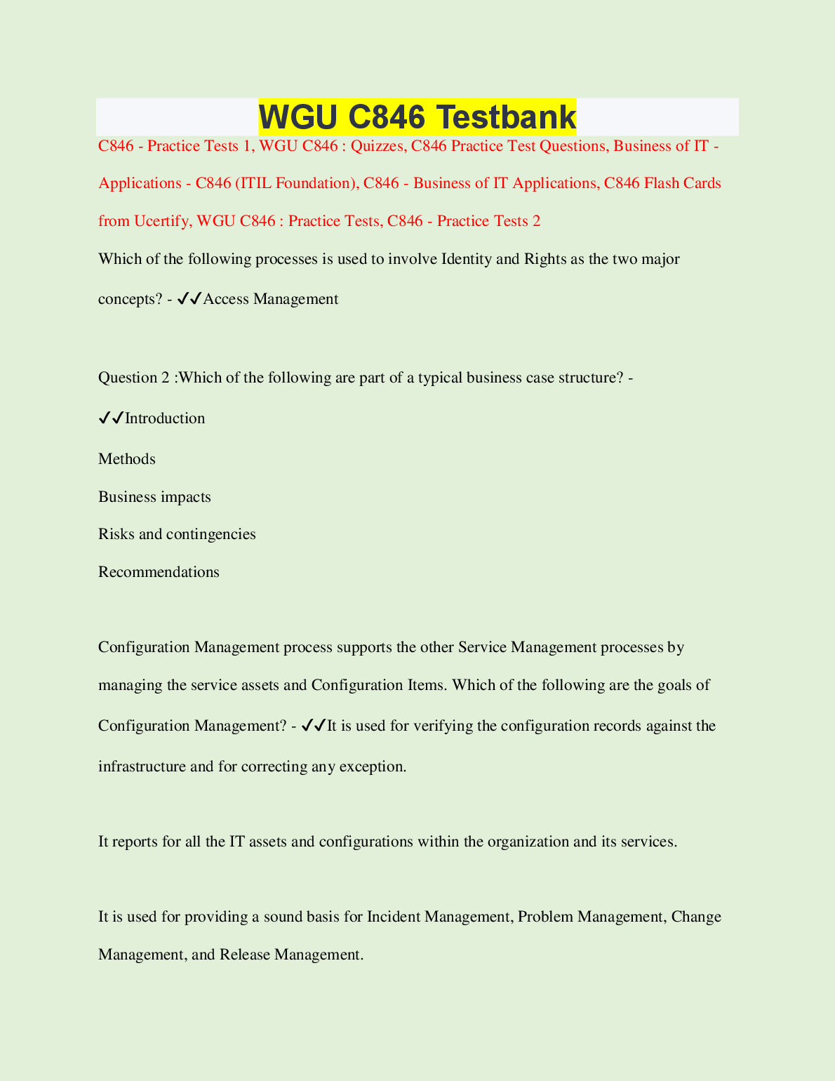 WGU C846 IT Service Management Test Bank with Detailed Solutions and Exam Prep for 2023/2024 Academic Year
