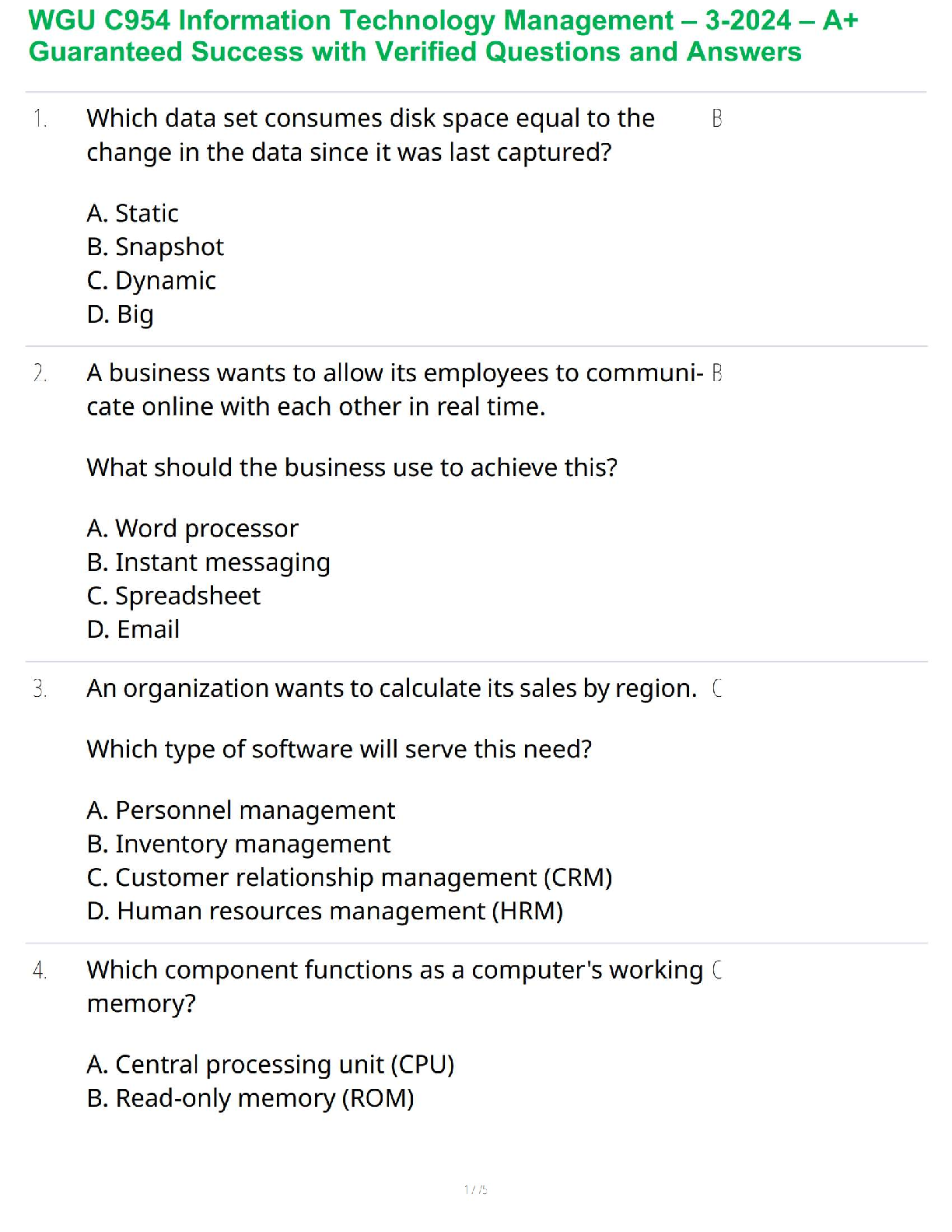 WGU C954 Information Technology Management Test Bank Complete Exam Questions and Verified Answers 2024 Edition