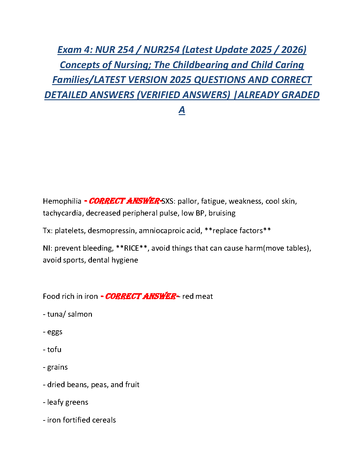 NUR 254 Exam 4 Test Bank for Concepts of Nursing Childbearing and Child Caring Families 9th Ed Pillitteri Ricci Verified Q&A 2026/27
