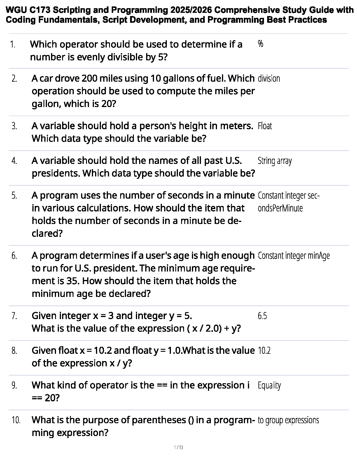 WGU C173 Scripting and Programming Comprehensive Study Guide for 2025/2026 Exams: Master Coding Fundamentals