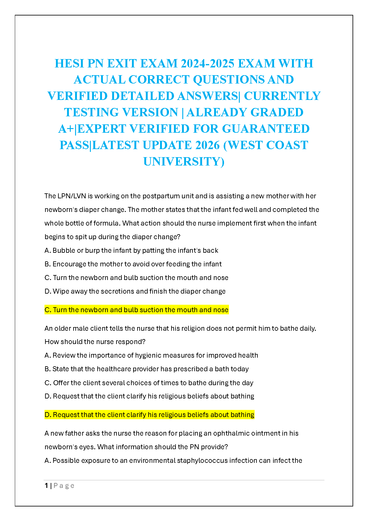 HESI Practical Nurse Exit Exam 2024-2025 Actual Questions and Verified Answers Updated for West Coast University 2026 Academic Year