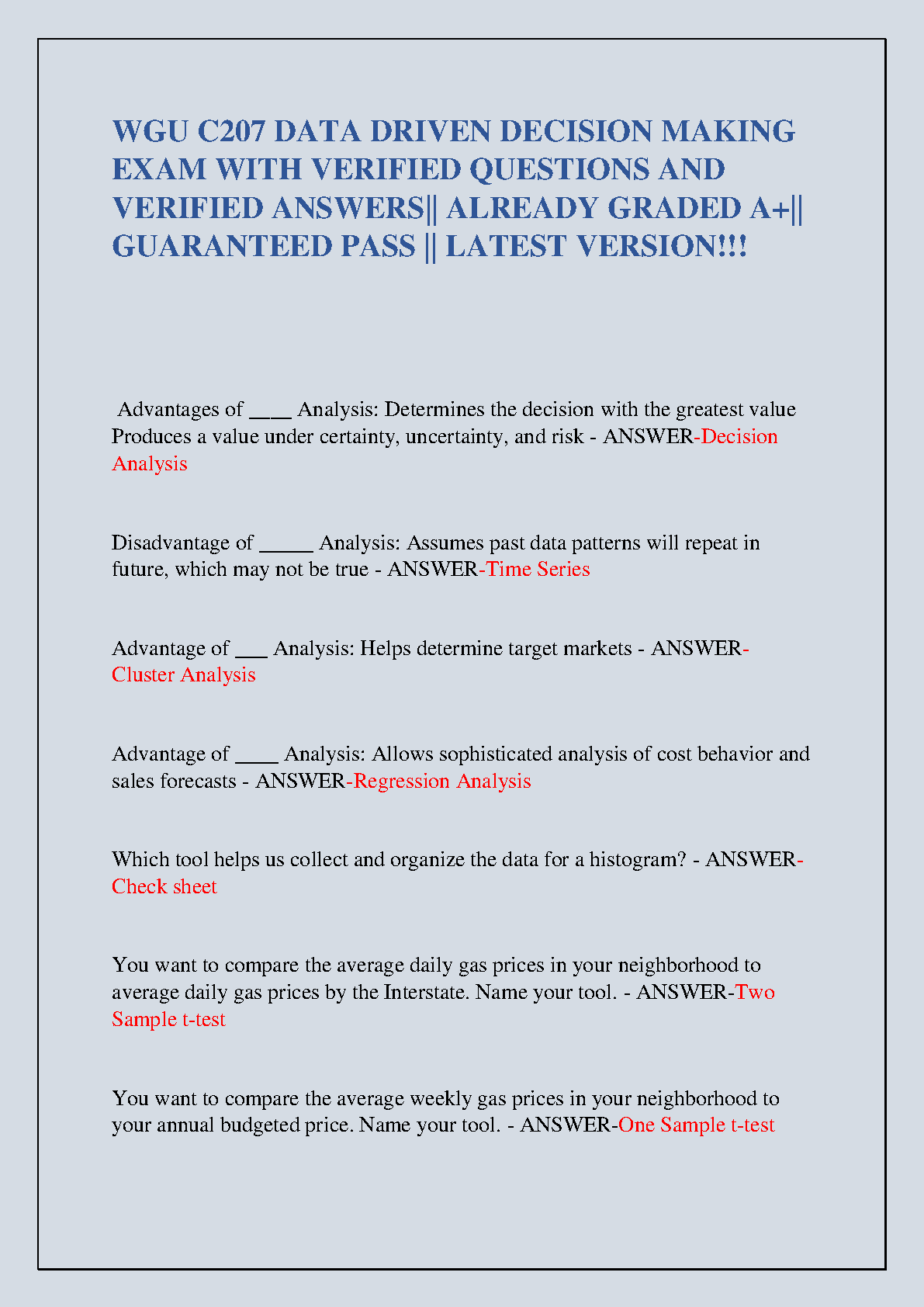 WGU C207 Data Driven Decision Making Exam Questions and Answers for First Attempt Success