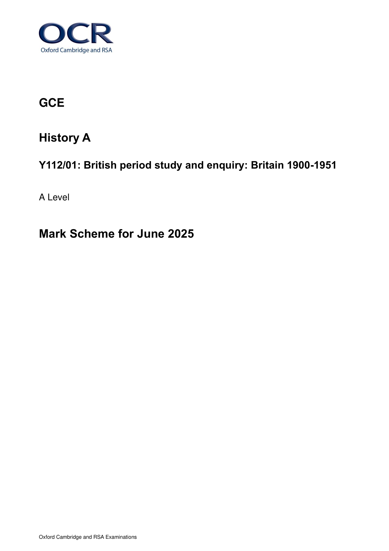OCR A Level History A Britain 1900-1951 2025 Mark Scheme