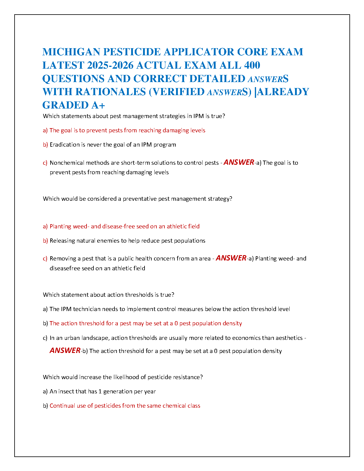 Michigan Pesticide Applicator Core Exam 2025-2026 Test Bank: 400+ Verified Questions and Answers ...