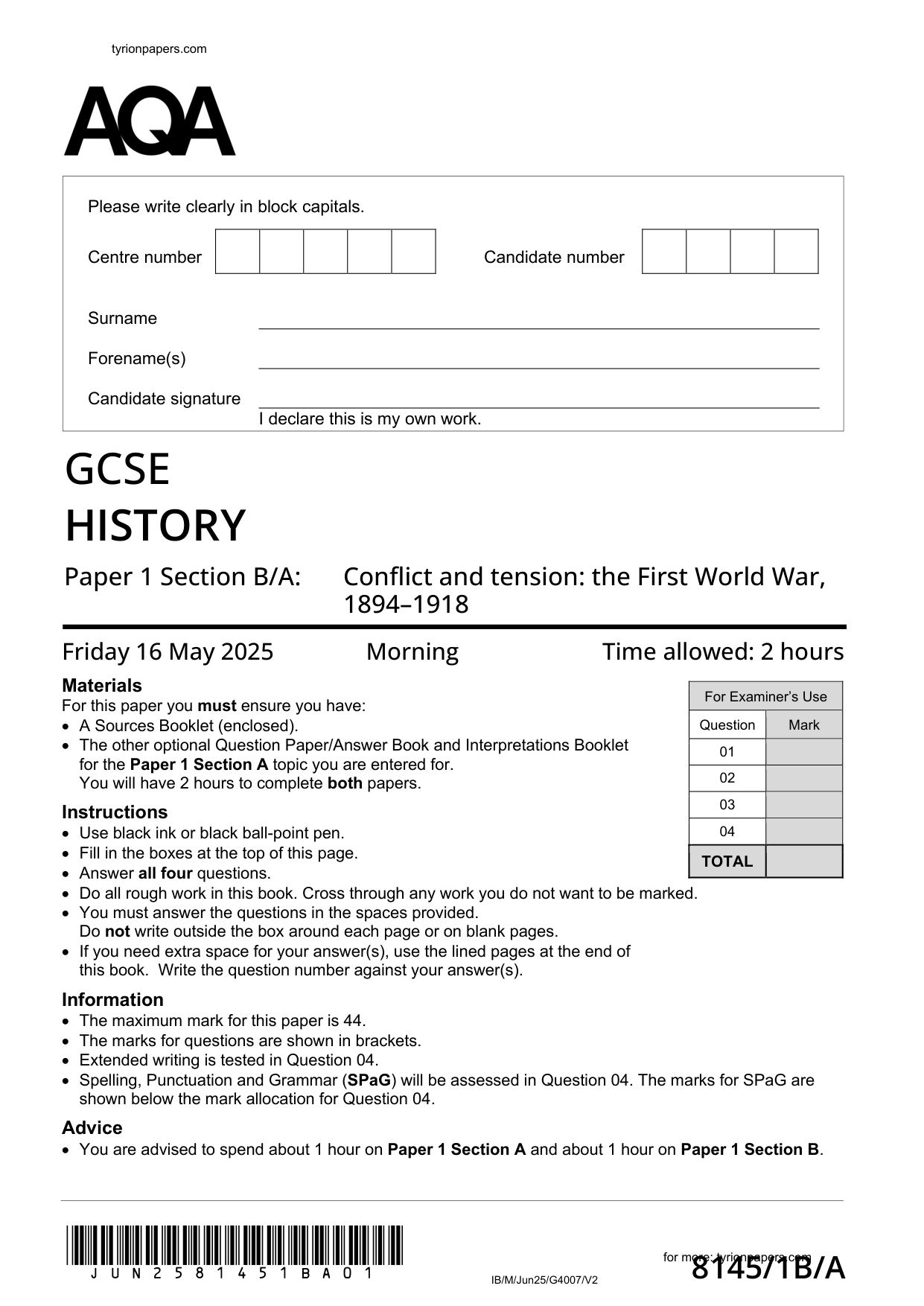 AQA GCSE History Paper 1b Section B/A 2025 Question Paper