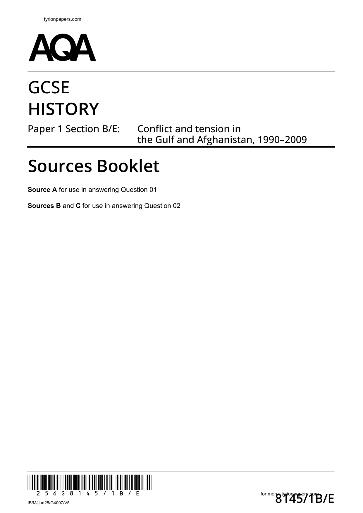 AQA GCSE History Paper 1B Section B/E 2025 Sources Booklet