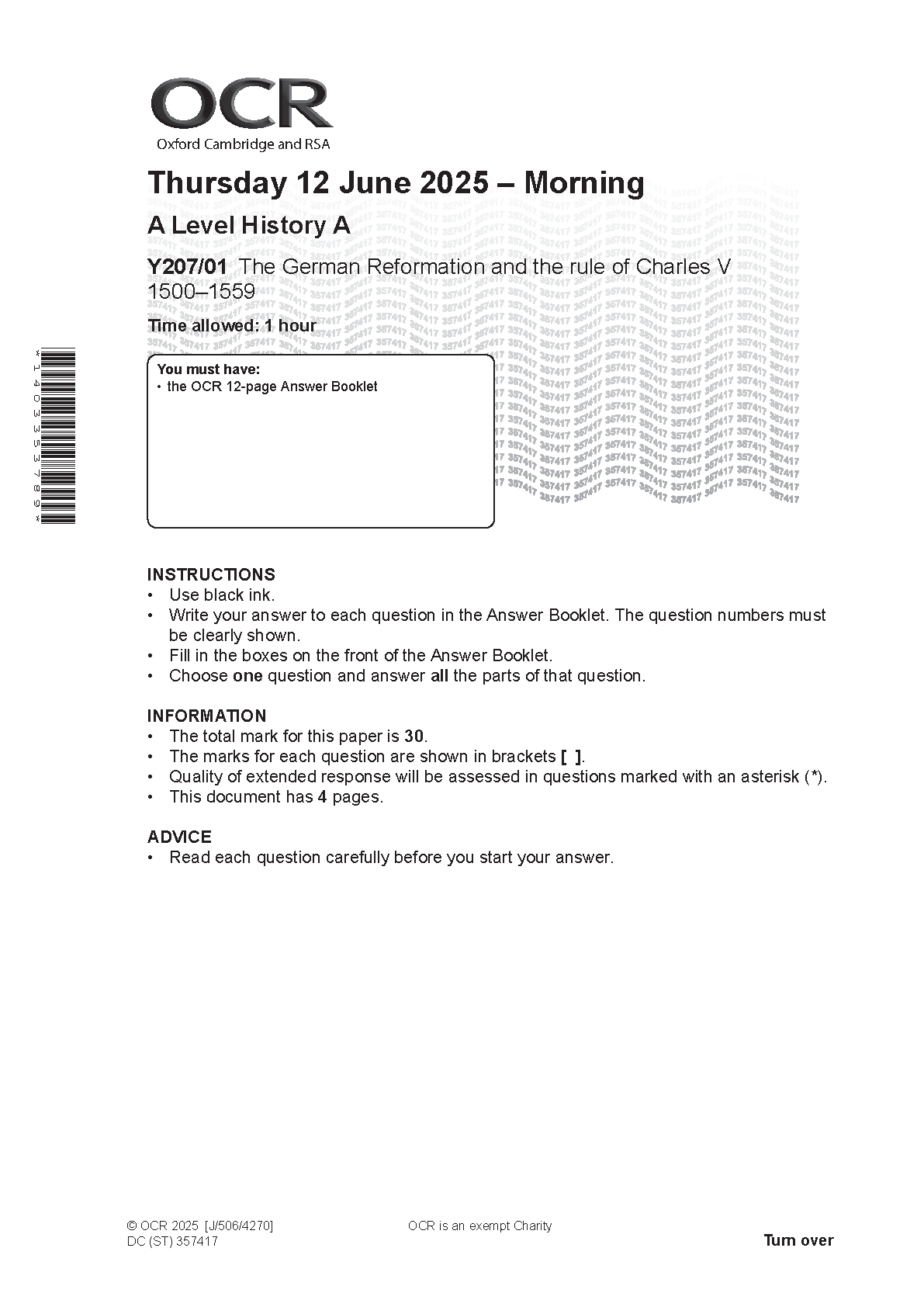 OCR A Level History A German Reformation 2025 Question Paper