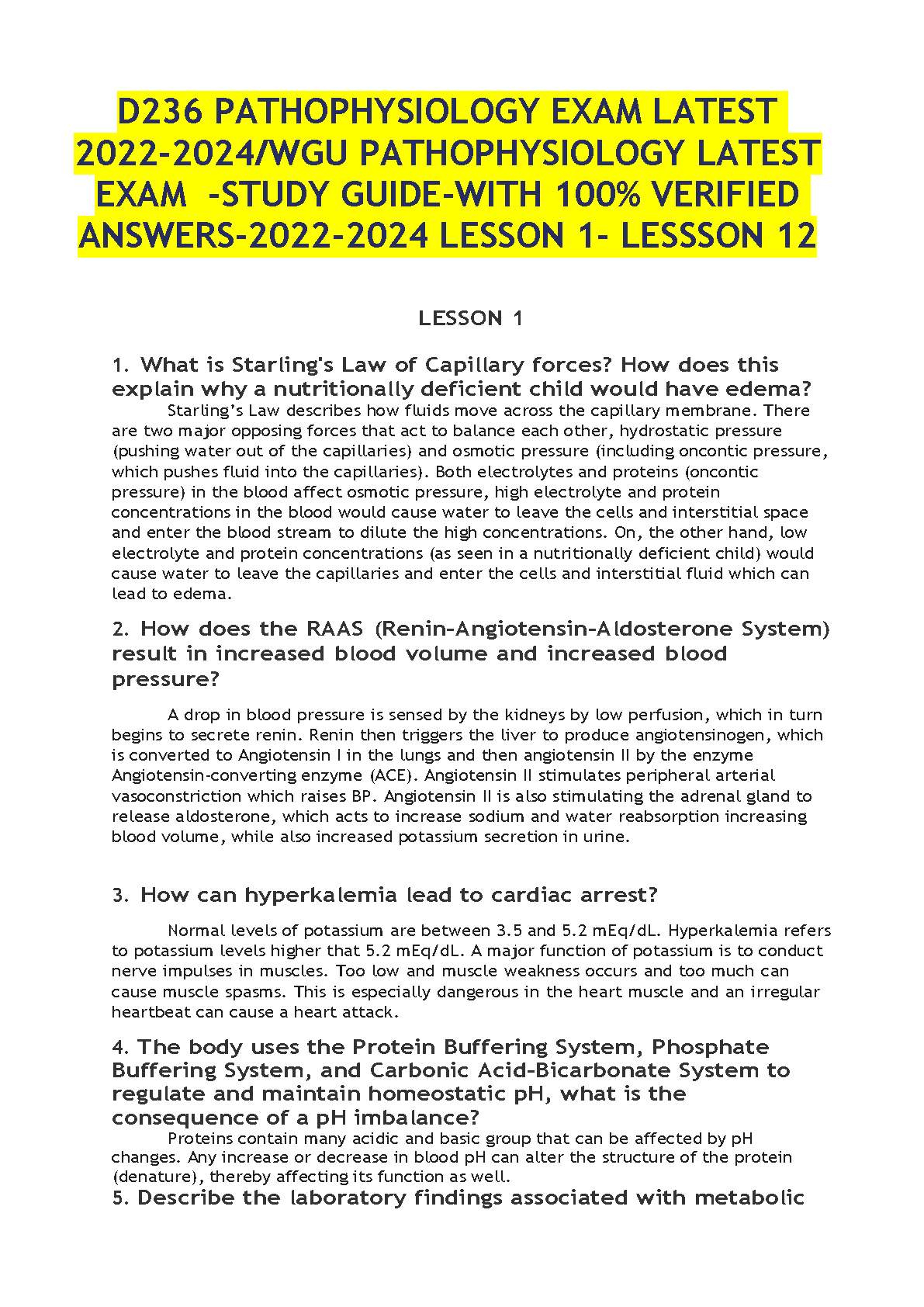 WGU Pathophysiology Exam Study Guide with Verified Answers for the 2024 Academic Year (Lessons 1-12)