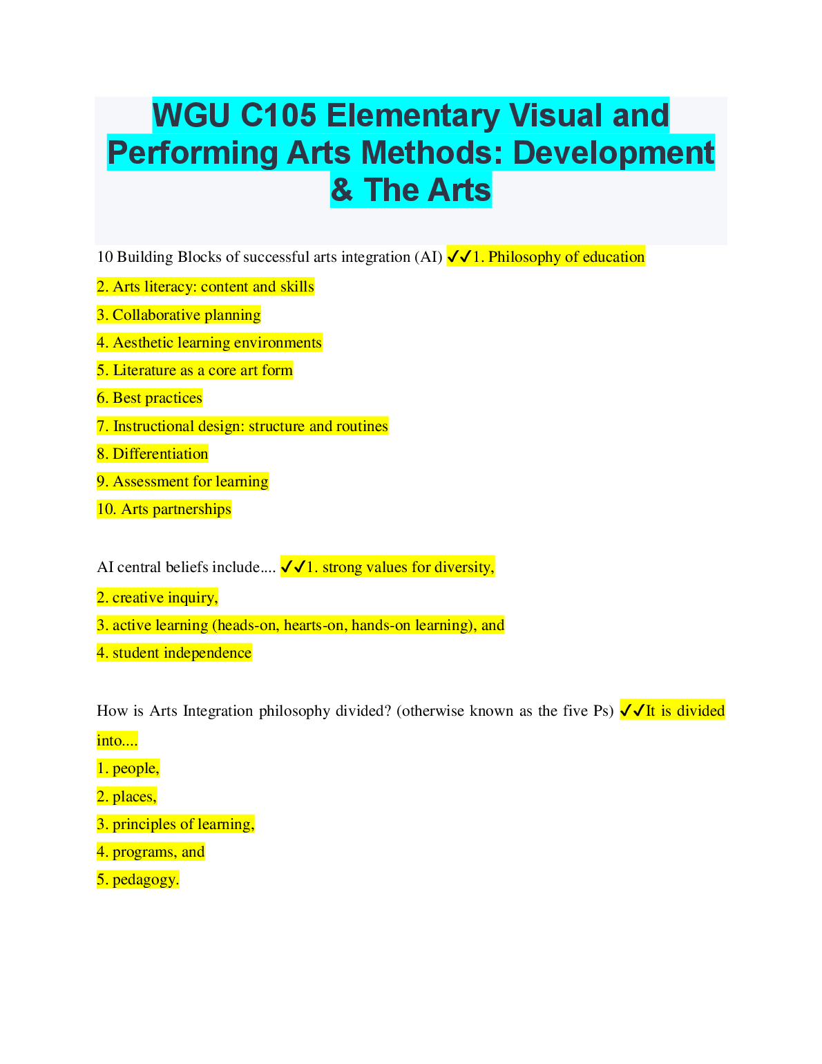 WGU C105 Elementary Visual and Performing Arts Methods Study Guide Development The Arts Solutions A Plus Rated