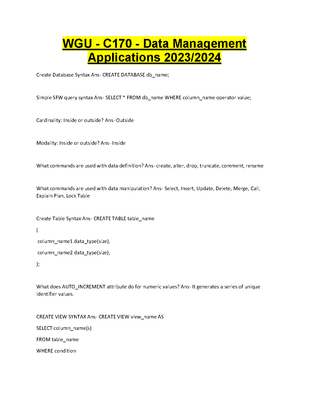 WGU C170 Data Management Applications Test Bank with Verified Answers and SQL Practice for 2025/2026 Exams