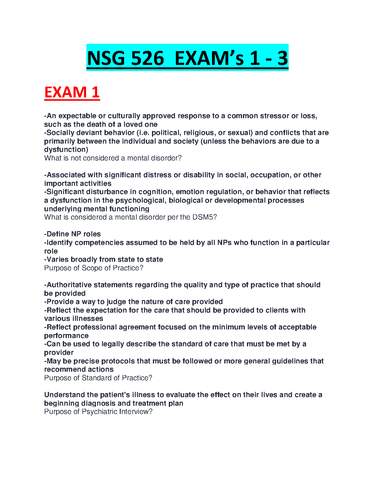 NSG 526 Psychiatric Nursing Exam 1, 2 & 3 Study Guide | Complete Q&A for 2025/2026 | Ace Your Exams & Avoid Resits