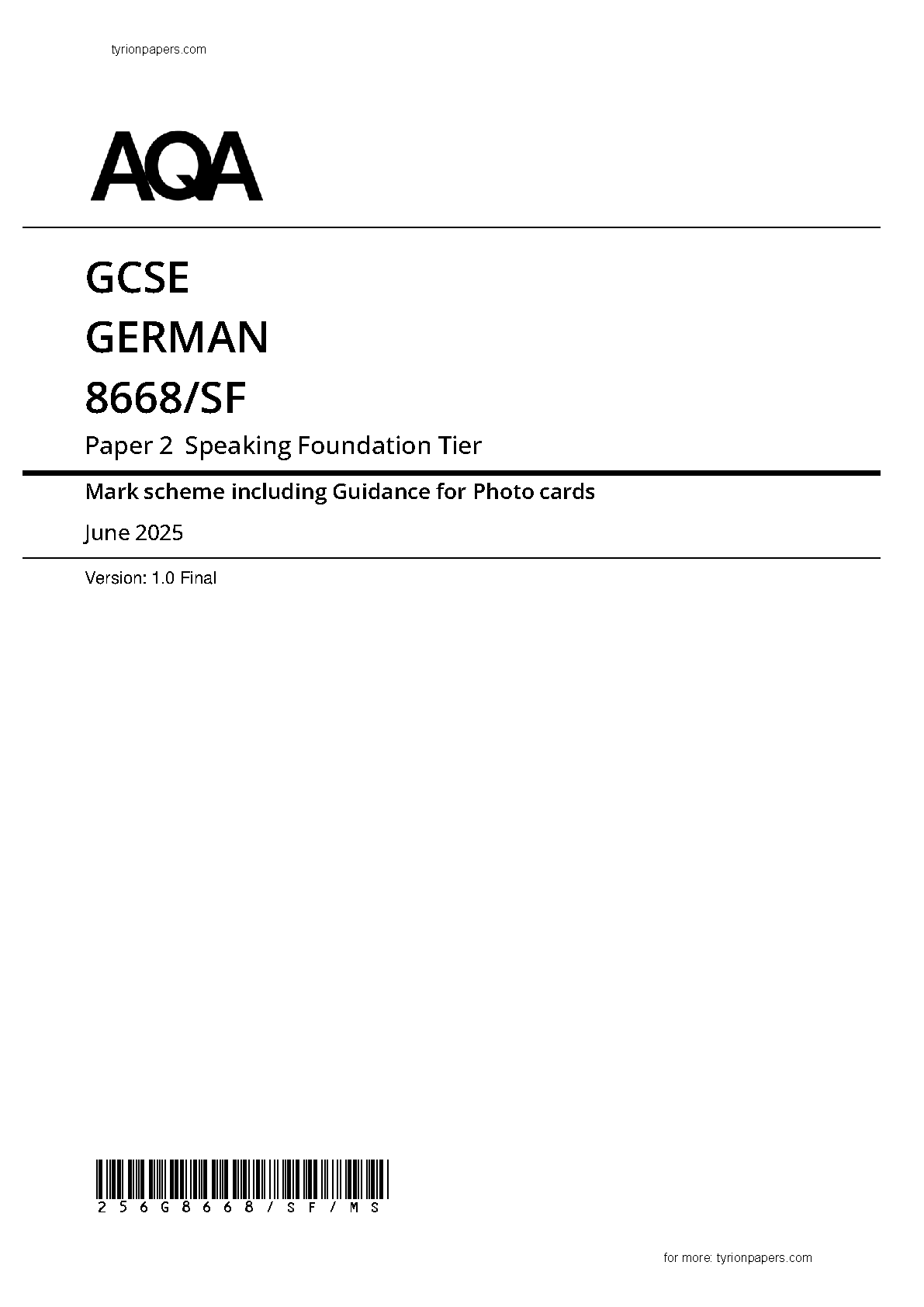 AQA GCSE German Paper 2F 2025 Speaking Mark Scheme