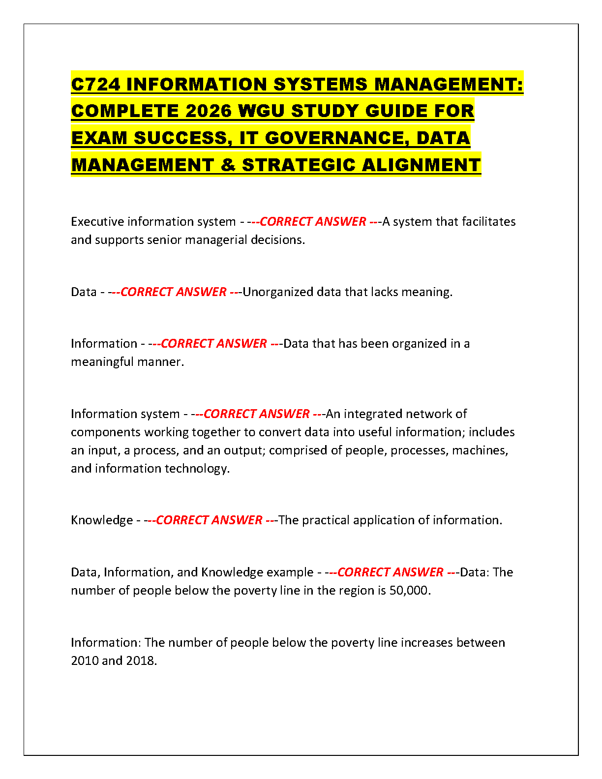 C724 Information Systems Management WGU Test Bank and Complete 2025/2026 Study Guide with Verified Answers