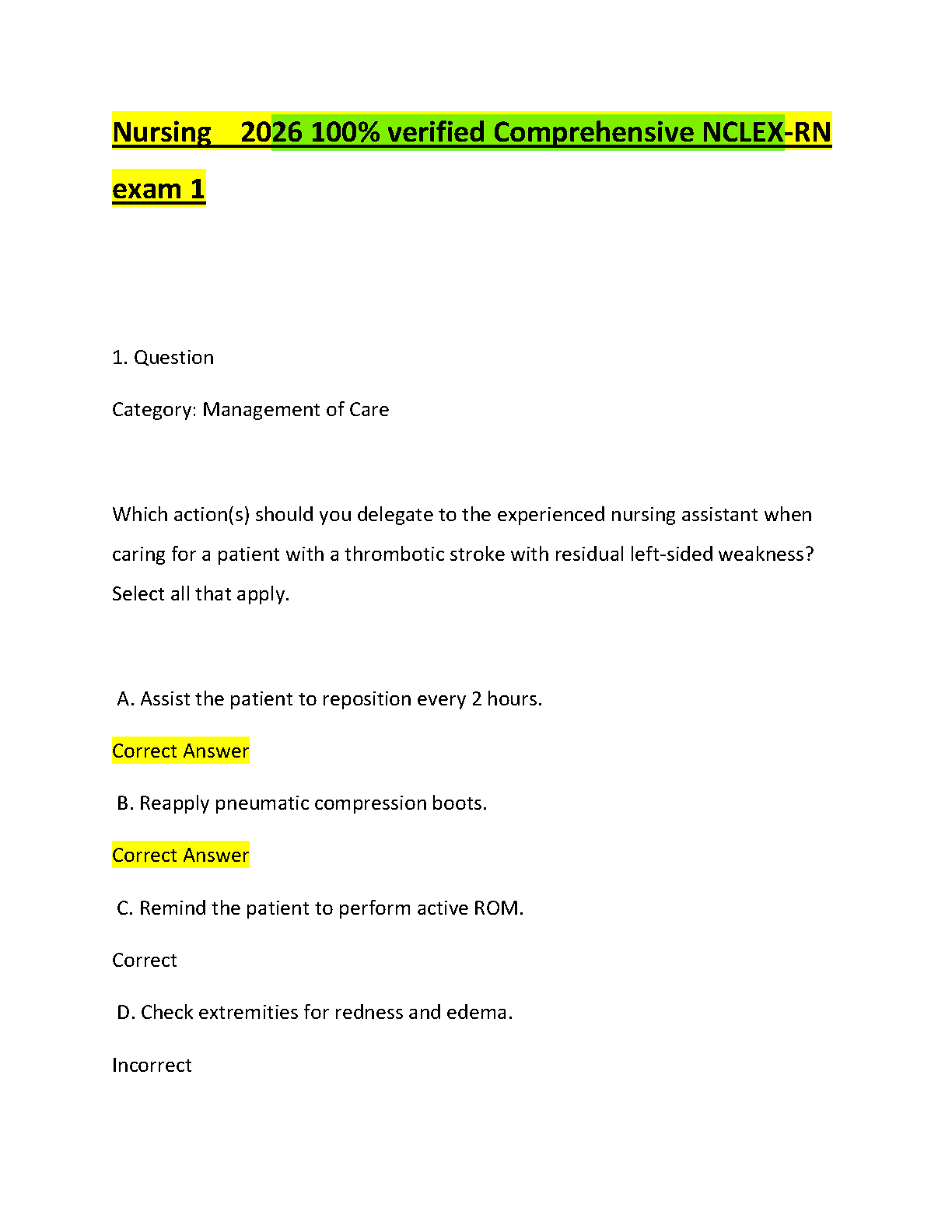 NCLEX Management of Care Practice Questions with Rationales Updated for 2026/2027 Academic Year Stroke Meningitis